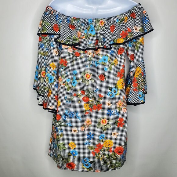Zara Womens Floral Gingham Off The Shoulder Ruffle Mini Dress Size S Bell Sleeve - Picture 5 of 11